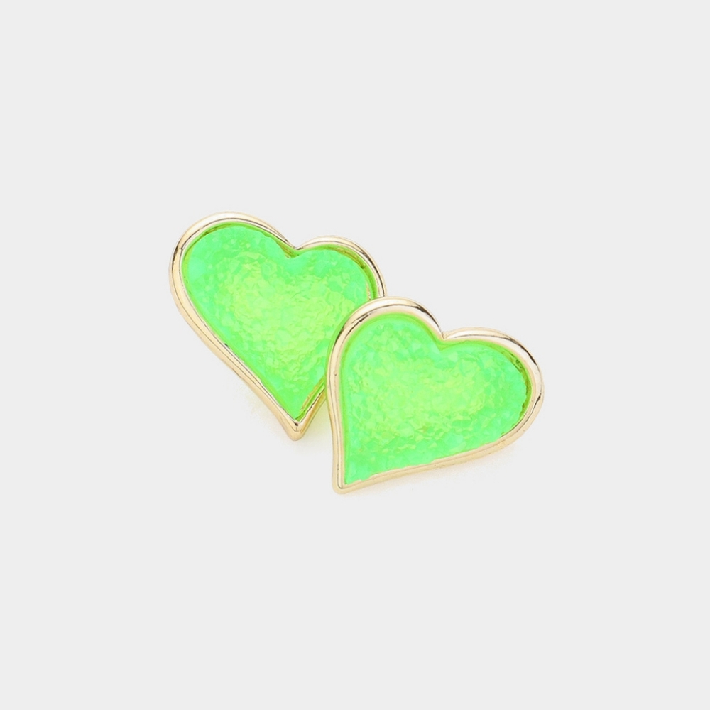 Neon Green Heart Druzy Stud Earrings 0.6" Casual Post Simple Jewelry Stone